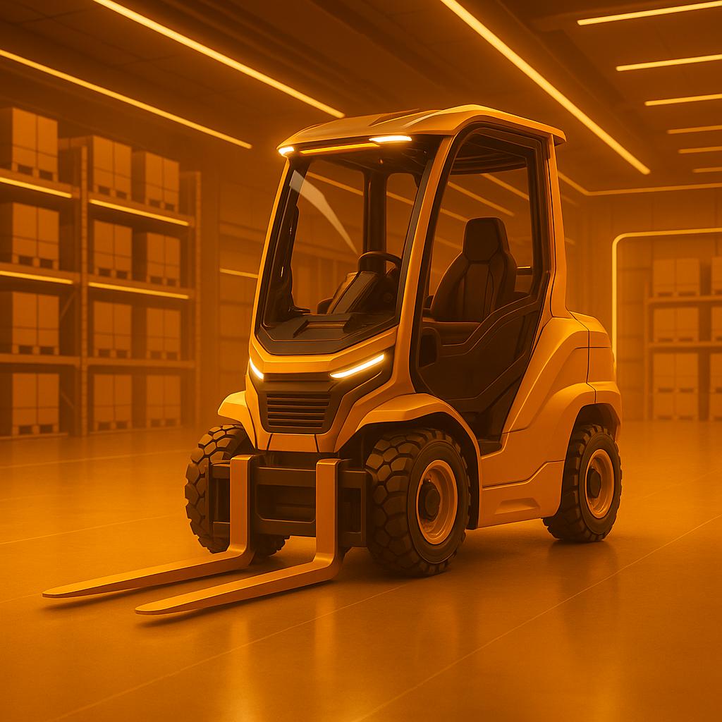 Empilhadeira moderna amarela em um galpão com iluminação neon laranja - Vip Máquinas Pesada